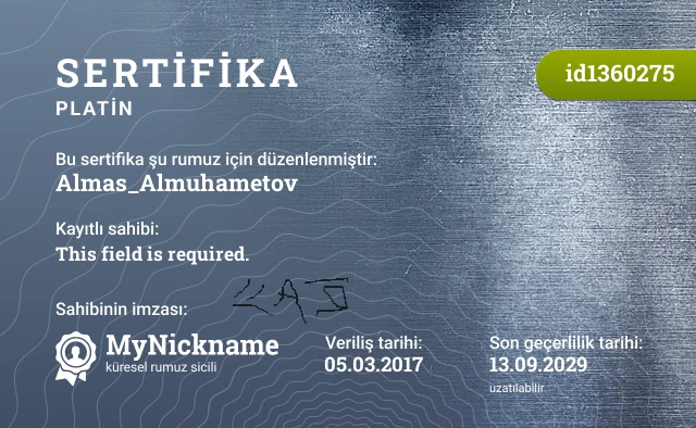 Almas_Almuhametov rumuzu için sertifika, kayıtlı sahibi: This field is required.