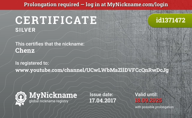 Certificate for nickname Chenz is registered to: www.youtube.com/channel/UCwLWbMaZllDVFCcQnRwDcJg