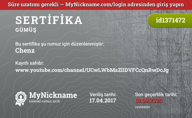 Chenz rumuzu için sertifika, kayıtlı sahibi: www.youtube.com/channel/UCwLWbMaZllDVFCcQnRwDcJg