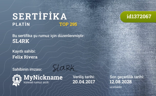 SL4RK rumuzu için sertifika, kayıtlı sahibi: Felix Rivera