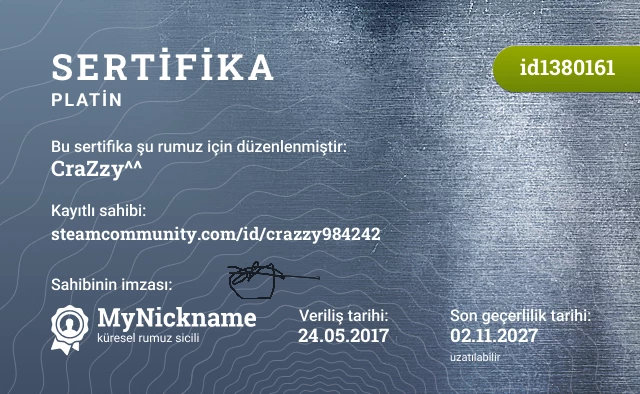 CraZzy^^ rumuzu için sertifika, kayıtlı sahibi: steamcommunity.com/id/crazzy984242
