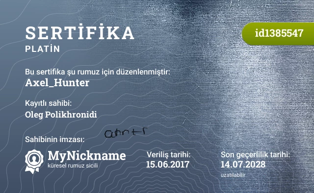 Axel_Hunter rumuzu için sertifika, kayıtlı sahibi: Oleg Polikhronidi