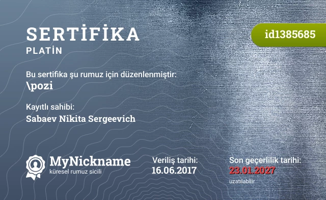 \pozi rumuzu için sertifika, kayıtlı sahibi: Sabaev Nikita Sergeevich