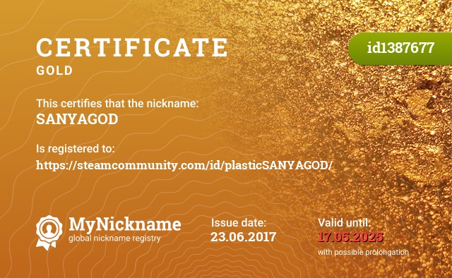 Certificate for nickname SANYAGOD, registered to: https://steamcommunity.com/id/plasticSANYAGOD/