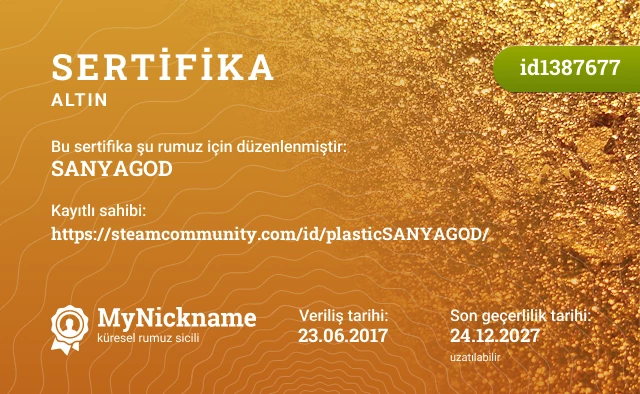 SANYAGOD rumuzu için sertifika, kayıtlı sahibi: https://steamcommunity.com/id/plasticSANYAGOD/