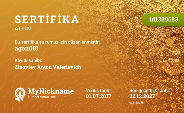 agon001 rumuzu için sertifika, kayıtlı sahibi: Zinoviev Anton Valerievich