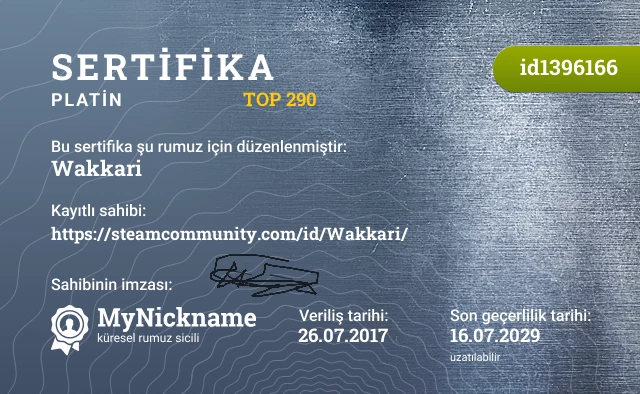 Wakkari rumuzu için sertifika, kayıtlı sahibi: https://steamcommunity.com/id/Wakkari/