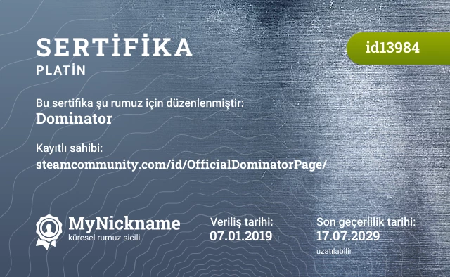 Dominator rumuzu için sertifika, kayıtlı sahibi: steamcommunity.com/id/OfficialDominatorPage/