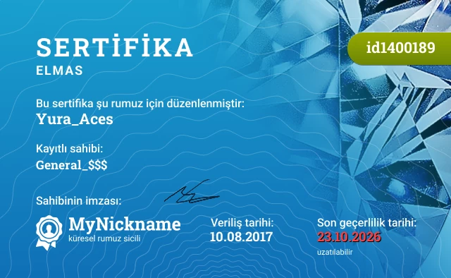 Yura_Aces rumuzu için sertifika, kayıtlı sahibi: General_$$$