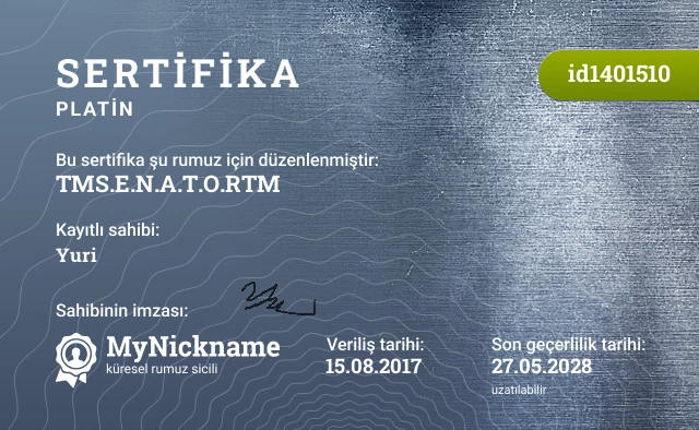 ™S.E.N.A.T.O.R™♛ rumuzu için sertifika, kayıtlı sahibi: Yuri