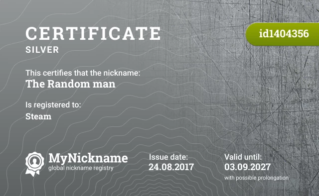 Certificate for nickname The Random man is registered to: Steam