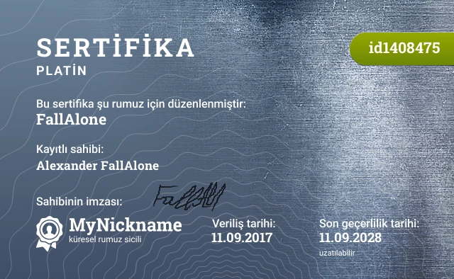 FallAlone rumuzu için sertifika, kayıtlı sahibi: Alexander FallAlone