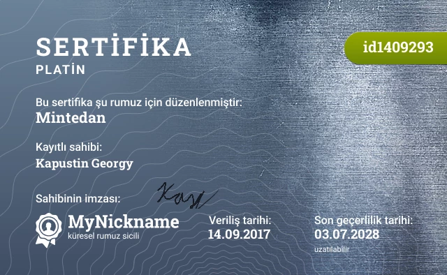 Mintedan rumuzu için sertifika, kayıtlı sahibi: Kapustin Georgy