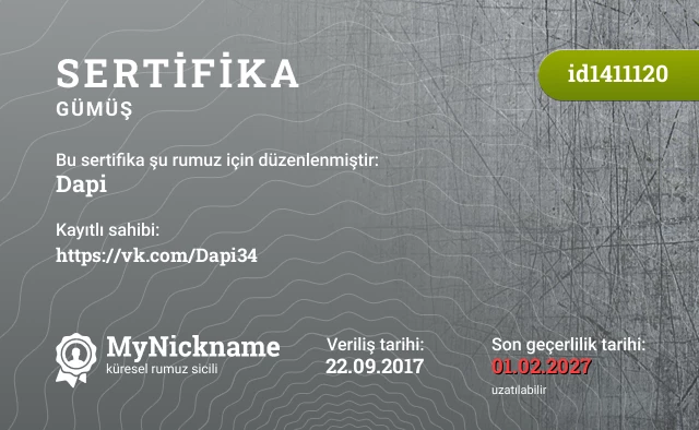 Dapi rumuzu için sertifika, kayıtlı sahibi: https://vk.com/Dapi34