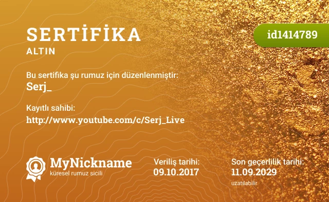 Serj_ rumuzu için sertifika, kayıtlı sahibi: http://www.youtube.com/c/Serj_Live