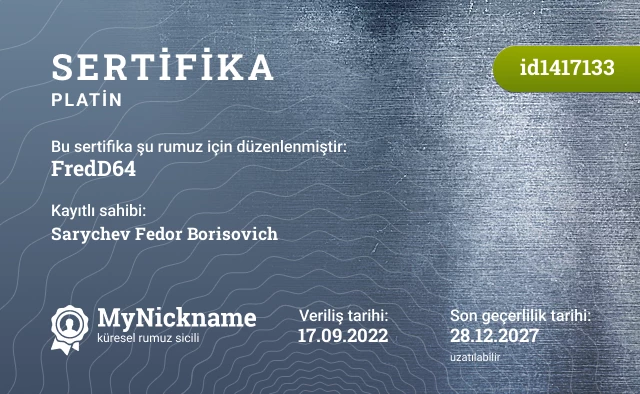 FredD64 rumuzu için sertifika, kayıtlı sahibi: Sarychev Fedor Borisovich