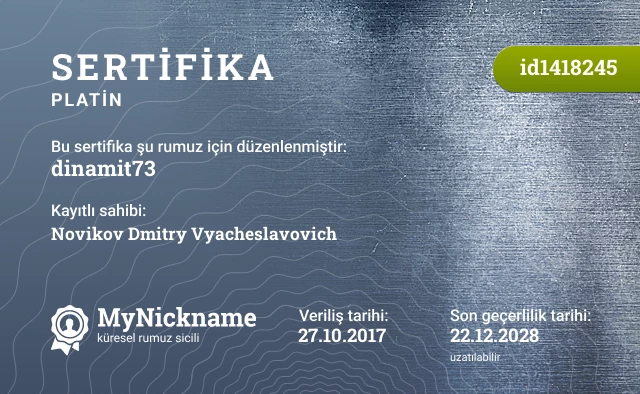 dinamit73 rumuzu için sertifika, kayıtlı sahibi: Novikov Dmitry Vyacheslavovich