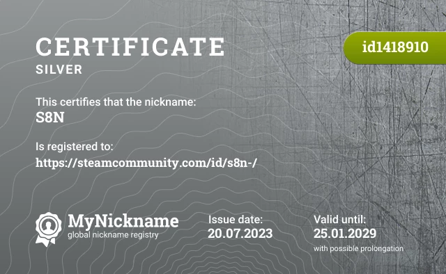 Certificate for nickname S8N is registered to: https://steamcommunity.com/id/s8n-/