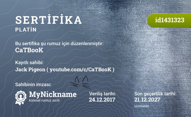 CaTBooK rumuzu için sertifika, kayıtlı sahibi: Jack Pigeon ( youtube.com/c/CaTBooK )