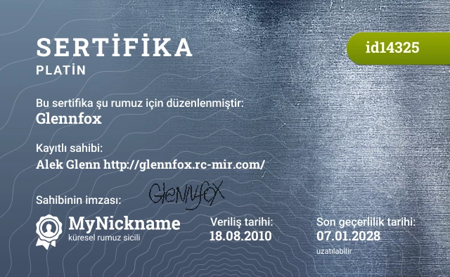 Glennfox rumuzu için sertifika, kayıtlı sahibi: Alek Glenn http://glennfox.rc-mir.com/