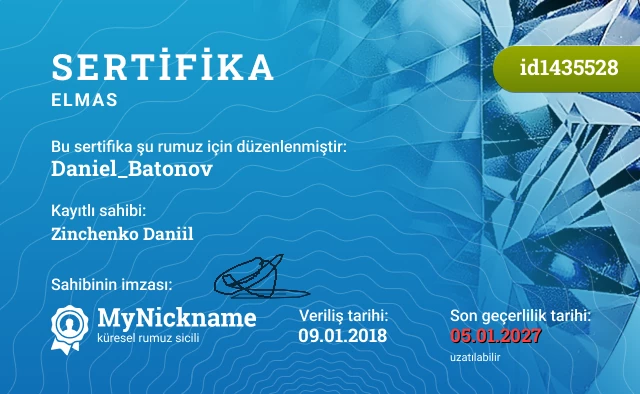 Daniel_Batonov rumuzu için sertifika, kayıtlı sahibi: Zinchenko Daniil