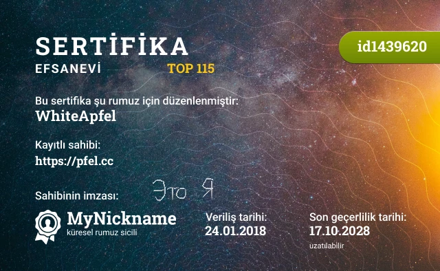 WhiteApfel rumuzu için sertifika, kayıtlı sahibi: https://pfel.cc