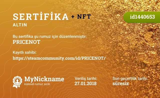 PRICENOT rumuzu için sertifika, kayıtlı sahibi: https://steamcommunity.com/id/PRICENOT/