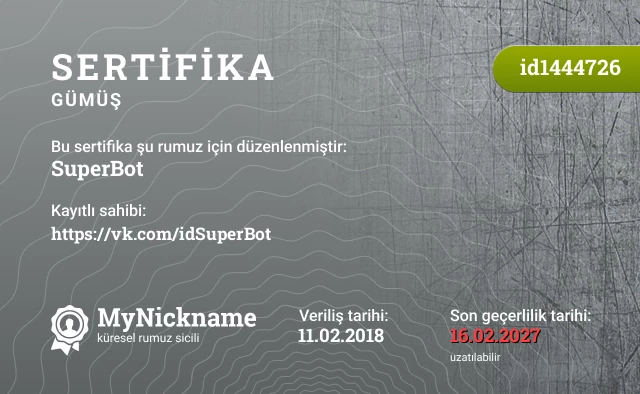 SuperBot rumuzu için sertifika, kayıtlı sahibi: https://vk.com/idSuperBot