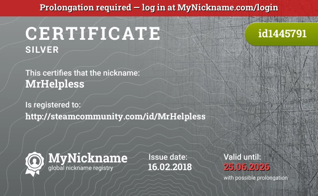 Certificate for nickname MrHelpless is registered to: http://steamcommunity.com/id/MrHelpless