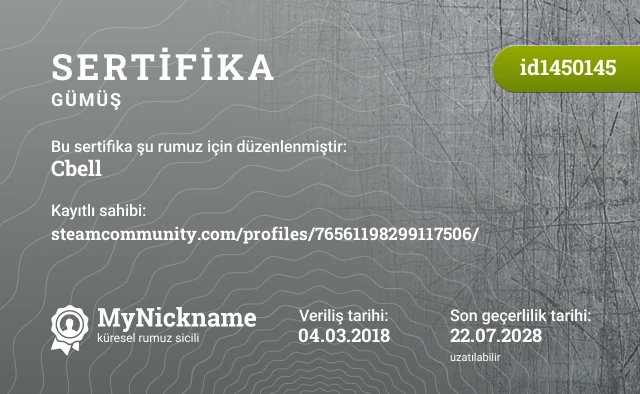 Cbell rumuzu için sertifika, kayıtlı sahibi: steamcommunity.com/profiles/76561198299117506/