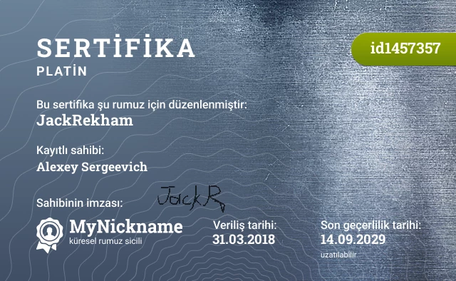 JackRekham rumuzu için sertifika, kayıtlı sahibi: Alexey Sergeevich