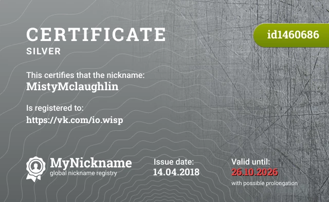 Certificate for nickname MistyMclaughlin is registered to: https://vk.com/io.wisp