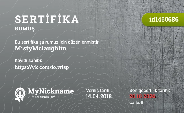 MistyMclaughlin rumuzu için sertifika, kayıtlı sahibi: https://vk.com/io.wisp