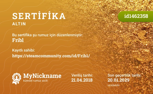 Fribl rumuzu için sertifika, kayıtlı sahibi: https://steamcommunity.com/id/Frib1/