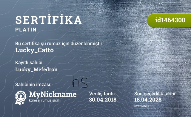 Lucky_Catto rumuzu için sertifika, kayıtlı sahibi: Lucky_Mefedron