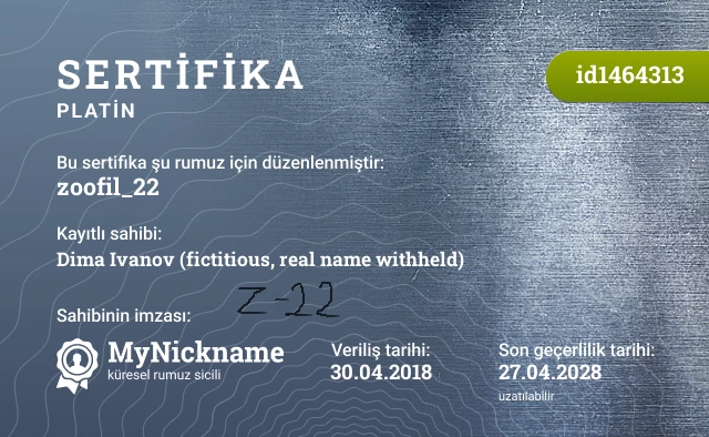 zoofil_22 rumuzu için sertifika, kayıtlı sahibi: Dima Ivanov (fictitious, real name withheld)