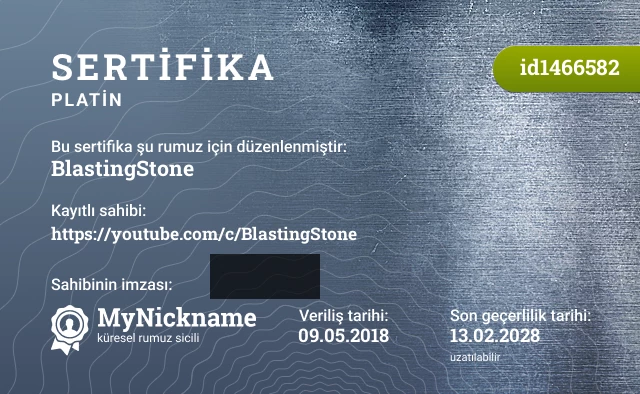 BlastingStone rumuzu için sertifika, kayıtlı sahibi: https://youtube.com/c/BlastingStone