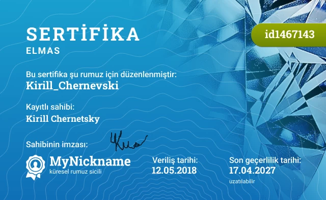 Kirill_Chernevski rumuzu için sertifika, kayıtlı sahibi: Kirill Chernetsky