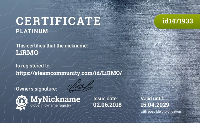 Certificate for nickname LiRMO is registered to: https://steamcommunity.com/id/LiRMO/