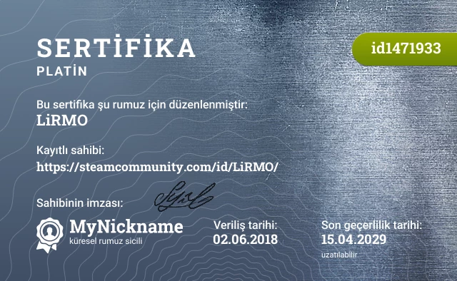 LiRMO rumuzu için sertifika, kayıtlı sahibi: https://steamcommunity.com/id/LiRMO/