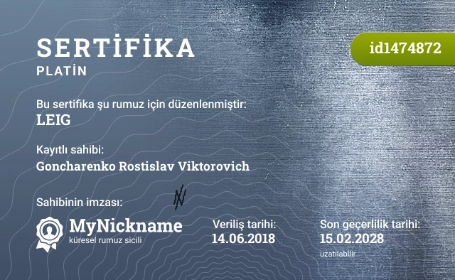 LEIG rumuzu için sertifika, kayıtlı sahibi: Goncharenko Rostislav Viktorovich
