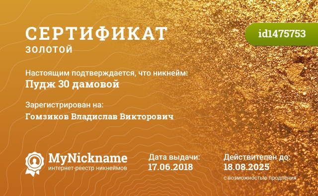 Сертификат на никнейм Пудж 30 дамовой, зарегистрирован на Гомзиков Владислав Викторович