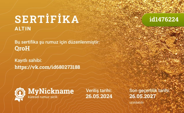 QroH rumuzu için sertifika, kayıtlı sahibi: https://vk.com/id680273188