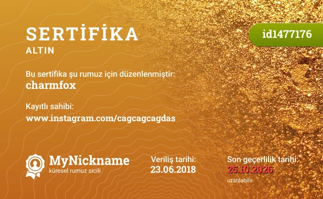 charmfox rumuzu için sertifika, kayıtlı sahibi: www.instagram.com/cagcagcagdas
