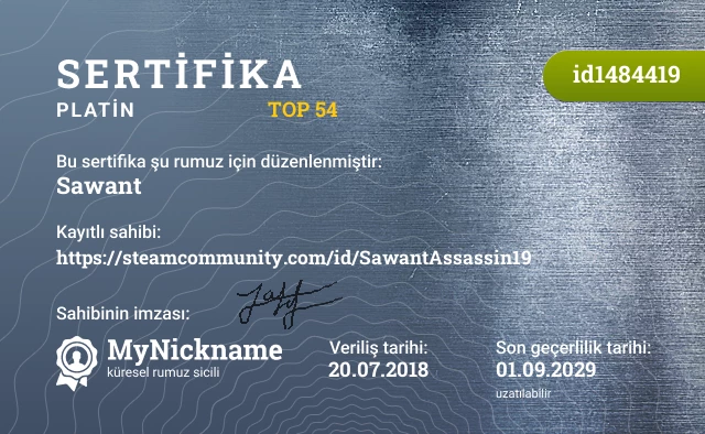 Sawant rumuzu için sertifika, kayıtlı sahibi: https://steamcommunity.com/id/SawantAssassin19