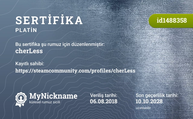 cherLess rumuzu için sertifika, kayıtlı sahibi: https://steamcommunity.com/profiles/cherLess