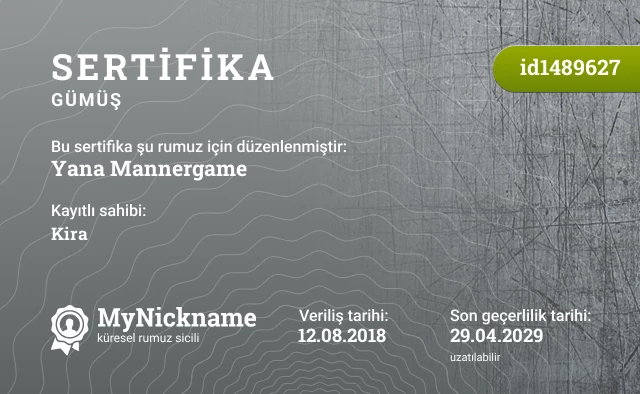 Yana Mannergame rumuzu için sertifika, kayıtlı sahibi: Kira