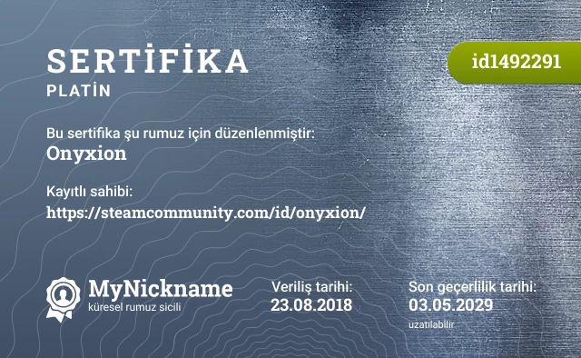Onyxion rumuzu için sertifika, kayıtlı sahibi: https://steamcommunity.com/id/onyxion/