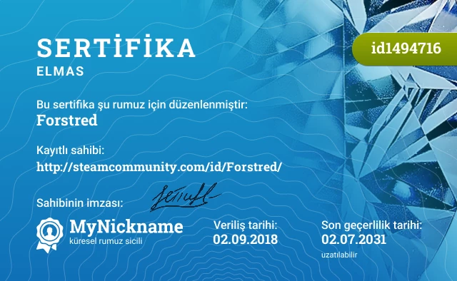 Forstred rumuzu için sertifika, kayıtlı sahibi: http://steamcommunity.com/id/Forstred/