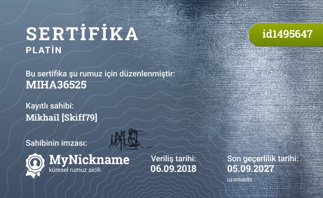 MIHA36525 rumuzu için sertifika, kayıtlı sahibi: Mikhail [Skiff79]